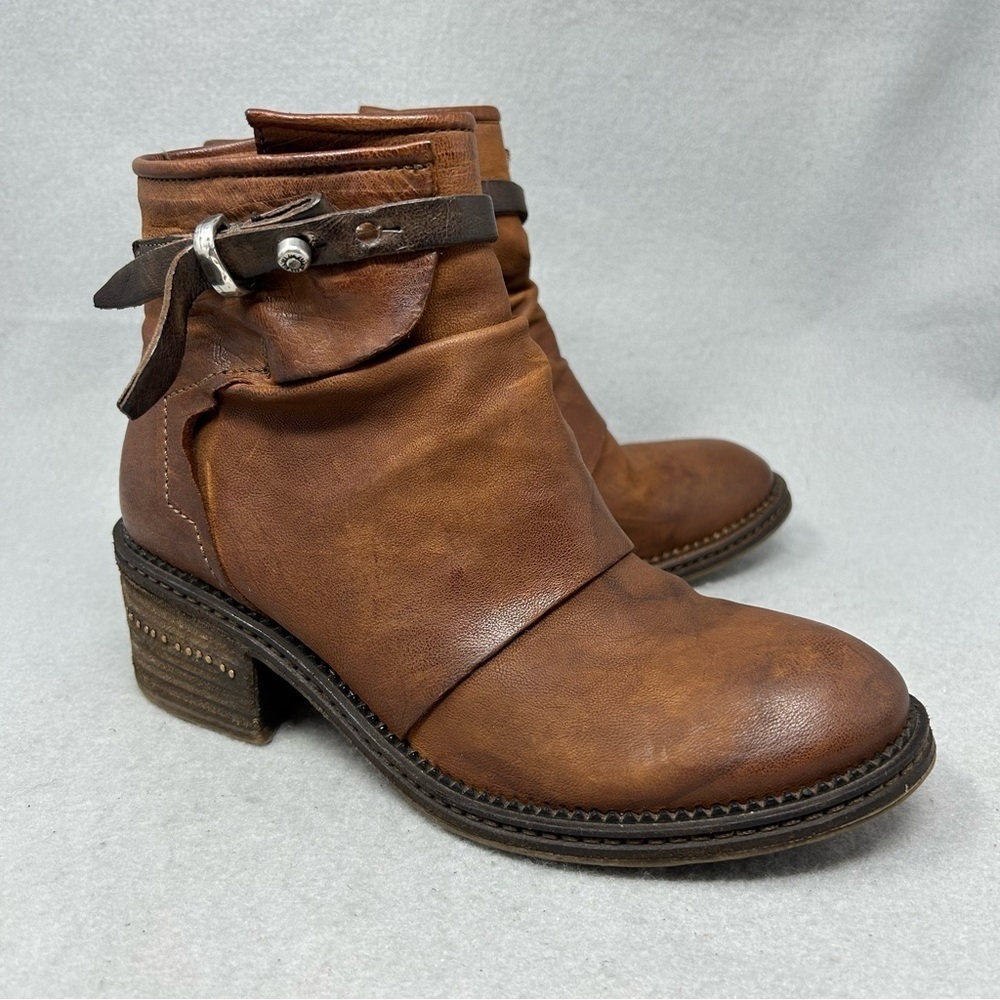 A.S. 98 Women's US 7/37 Yaron Ankle Booties Brown Leather Ankle Strap Stud Moto